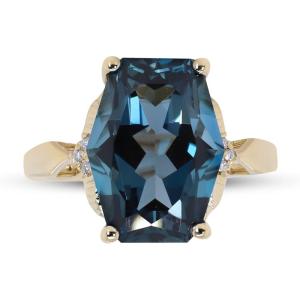 imageGin ampamp Grace 14 Yellow Gold Genuine London Blue Topaz Ring with Diamonds for women  Ethically authentically ampamp organically sourced Cushioncut shaped London Blue Topaz handcrafted jewelry for her  London Blue Topaz Ring for women