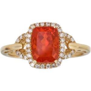 imageGin ampamp Grace 14K Yellow Gold Natural Mexican Fire Opal Ring with Diamonds for women  Ethically authentically ampamp organically sourced Cushioncut shaped opal handcrafted jewelry for her