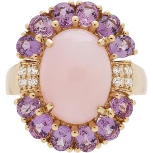 imageGin ampamp Grace 14K Yellow Gold Natural Pink Opal Ring with Diamonds for women  Ethically authentically ampamp organically sourced Ovalcut shaped opal handcrafted jewelry for her  Opal Ring for women