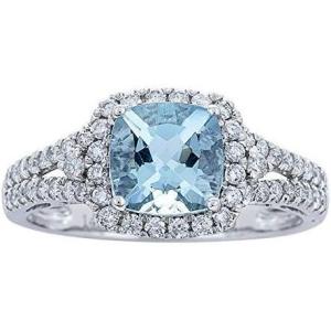 imageGin and Grace 14K White Gold Halo Wedding Genuine Aquamarine Ring with Diamonds for women  Ethically authentically ampamp organically sourced Cushioncut shaped Aquamarine handcrafted jewelry for her  Aquamarine Ring for women