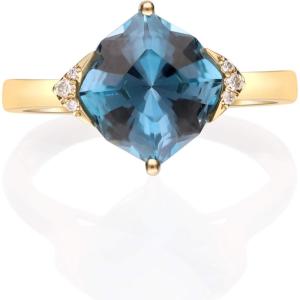 imageGin ampamp Grace 14K Yellow Gold Genuine London Blue Topaz Ring with Diamonds for women  Ethically authentically ampamp organically sourced Cushion cut shaped London Blue Topaz handcrafted jewelry for her  London Blue Topaz Ring for women