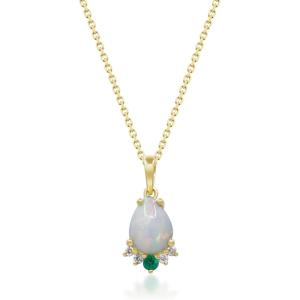 imageGin ampamp Grace 10K Yellow Gold Ethiopian Opal and Emerald Pendant Necklace with Diamonds for women  Ethically authentically ampamp organically sourced Pear shaped opal handcrafted jewelry for her