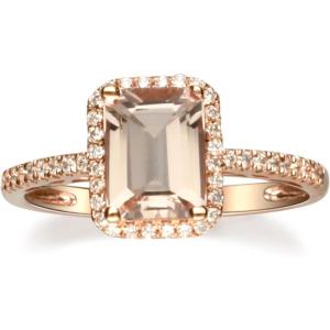 imageGin ampamp Grace 14K Rose Gold Genuine Morganite Ring with Diamonds for women  Ethically authentically ampamp organically sourced Emeraldcut shaped Morganite handcrafted jewelry for her  Morganite Ring for women