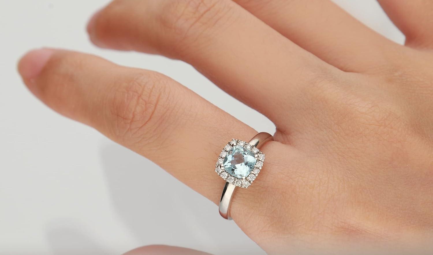 imageGin ampamp Grace 14K White Gold Natural Diamond ampamp Genuine Aquamarine Halo Style Engagement Propose Promise Ring for Women