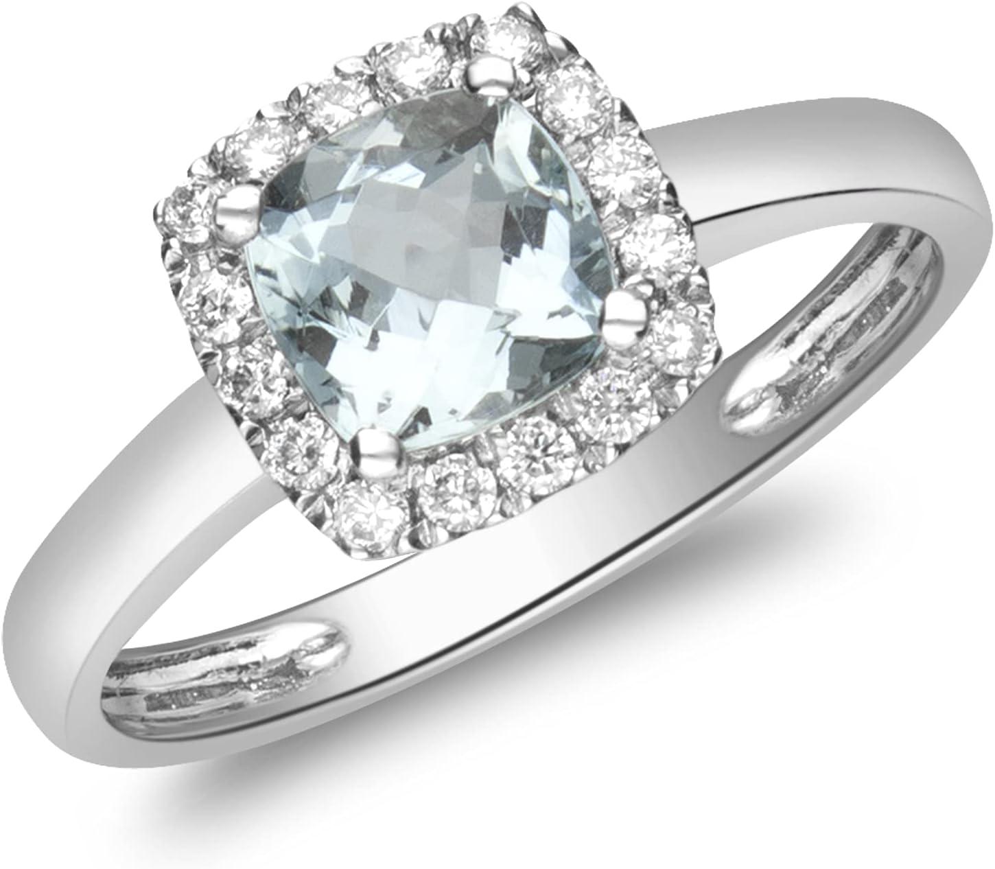 imageGin ampamp Grace 14K White Gold Natural Diamond ampamp Genuine Aquamarine Halo Style Engagement Propose Promise Ring for Women